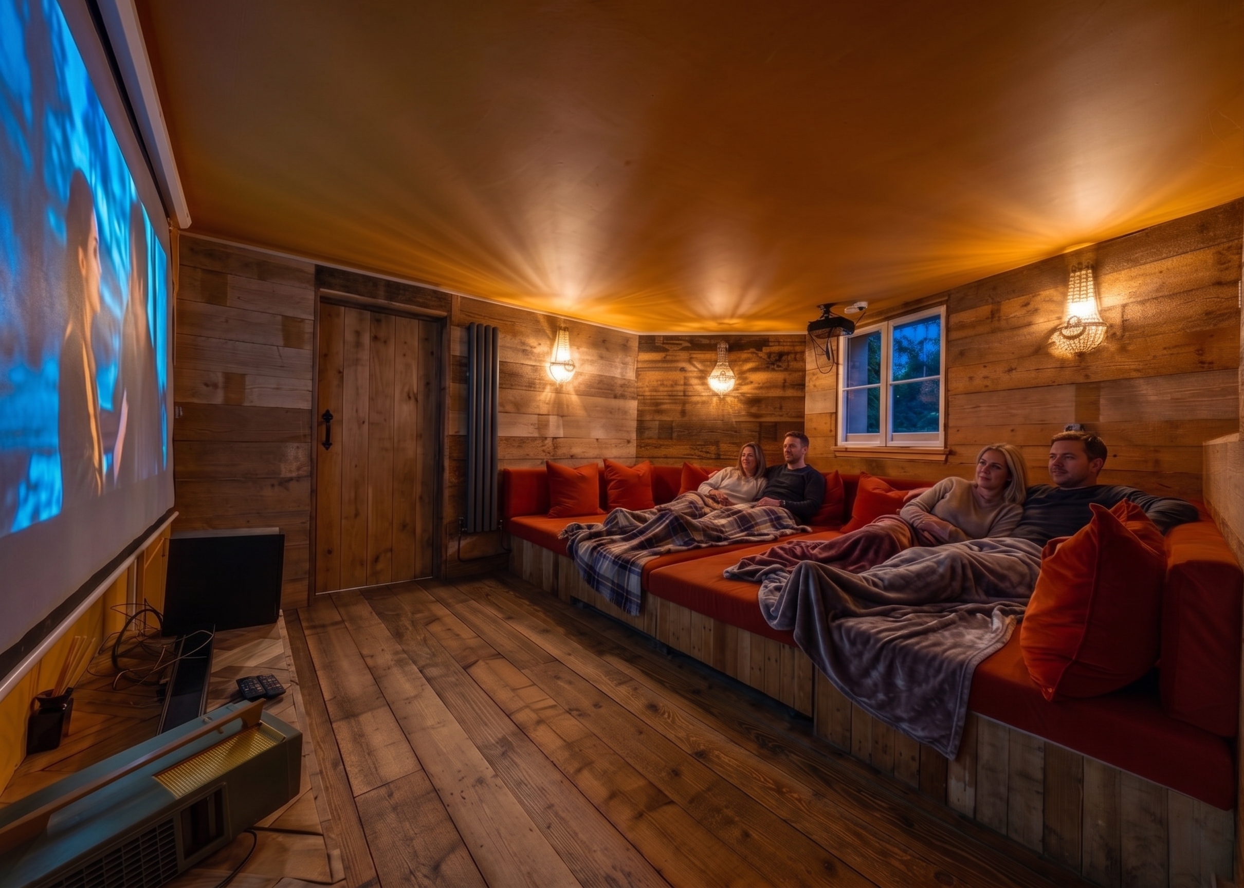 The cinema room in use, guests gathered for a late screening, premium stag and hen weekends at The Bath House