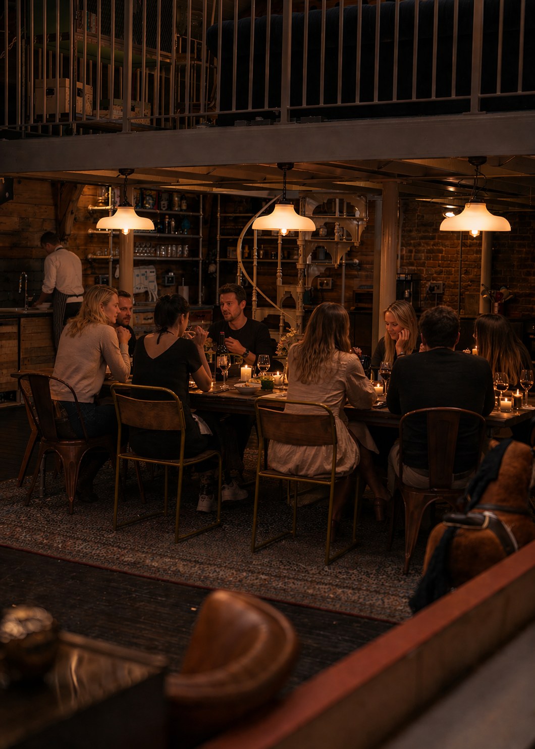The great room dressed for a candlelit reception feast